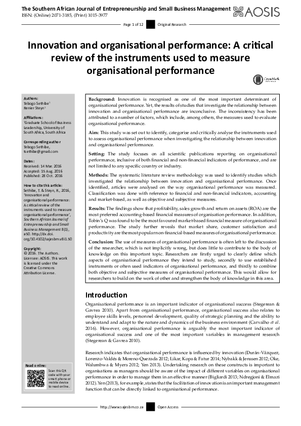 (PDF) Innovation and organisational performance: A critical review of ...