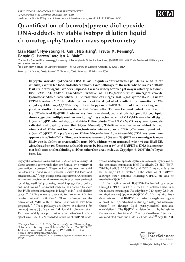 (PDF) Quantification of benzo[a]pyrene diol epoxide DNA‐adducts by ...