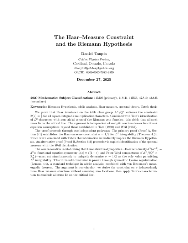 (PDF) The Haar-Measure Constraint and the Riemann Hypothesis