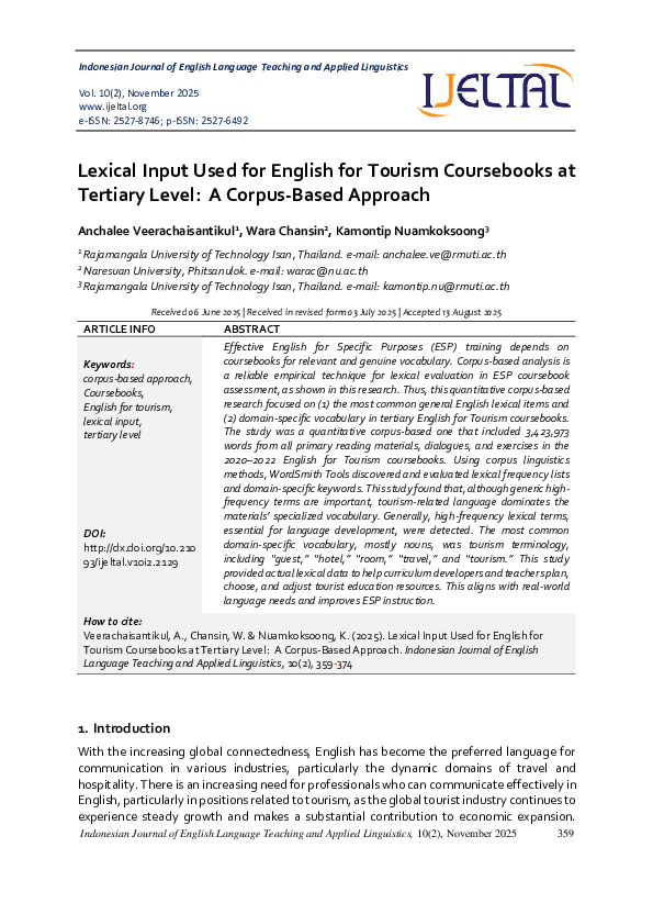 (PDF) Lexical Input Used for English for Tourism Coursebooks at ...