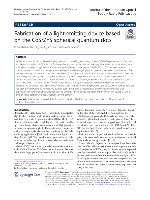 (PDF) Fabrication of a light-emitting device based on the CdS/ZnS ...