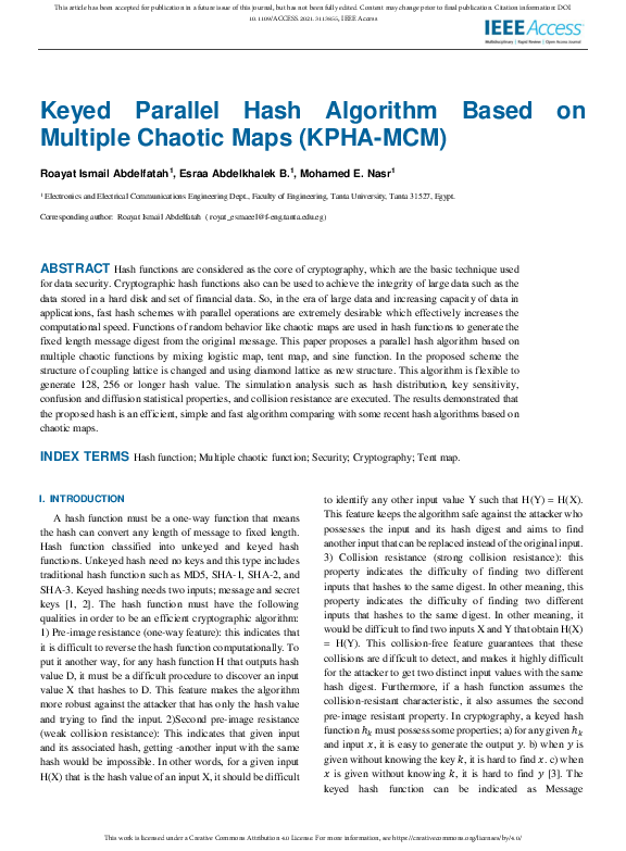 (PDF) Keyed Parallel Hash Algorithm Based on Multiple Chaotic Maps ...
