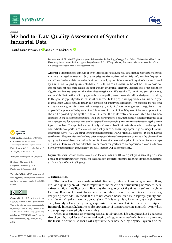 (PDF) Method for Data Quality Assessment of Synthetic Industrial Data