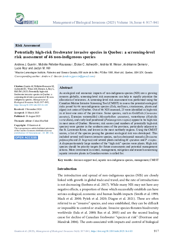 (PDF) Potentially high-risk freshwater invasive species in Quebec: a ...