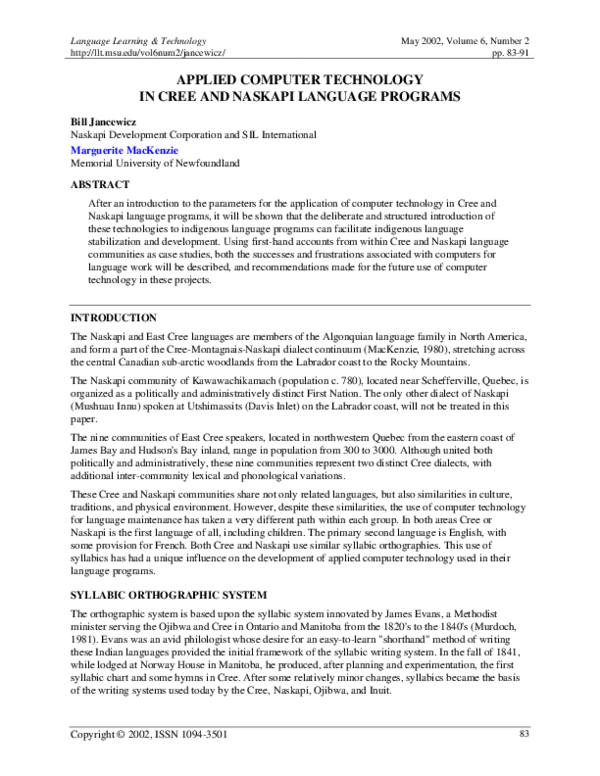 (PDF) Applied Computer Technology in Cree and Naskapi Language Programs