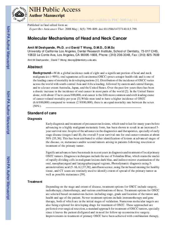 (PDF) Molecular mechanisms of head and neck cancer