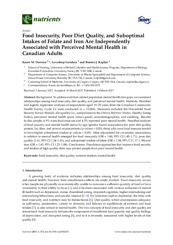 (PDF) Food Insecurity, Poor Diet Quality, and Suboptimal Intakes of ...
