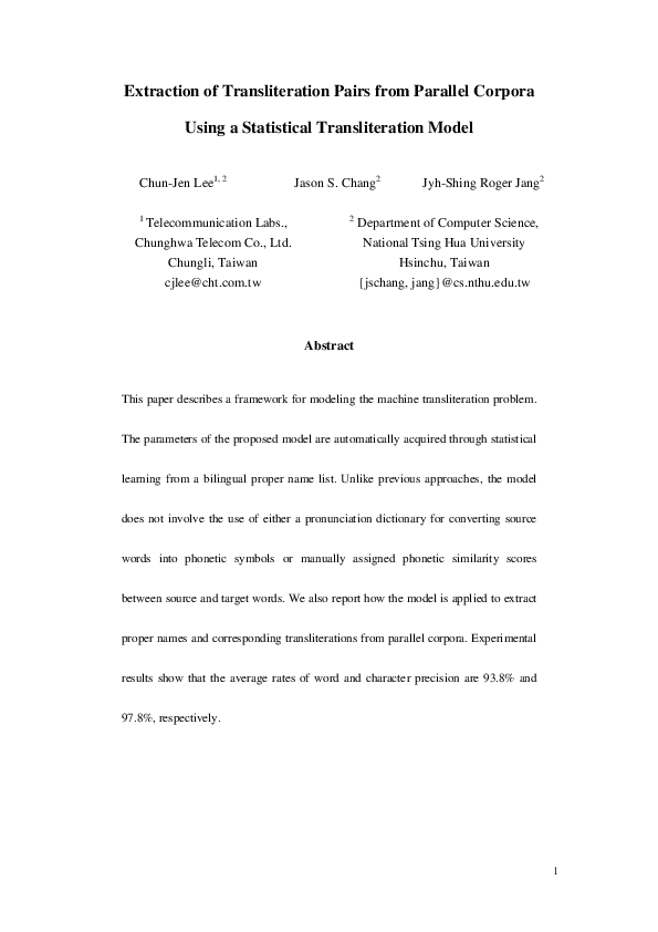 (PDF) Extraction of transliteration pairs from parallel corpora using a ...