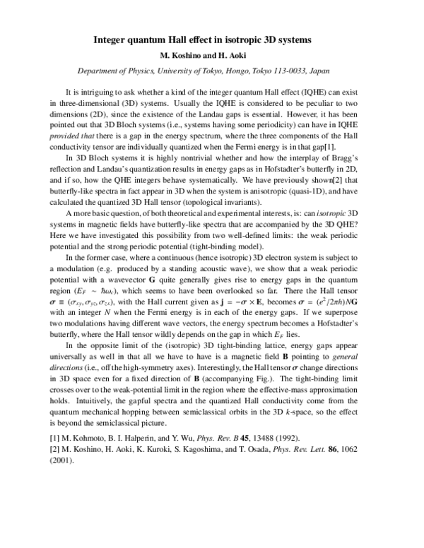 (PDF) Integer quantum Hall effect in isotropic 3D systems