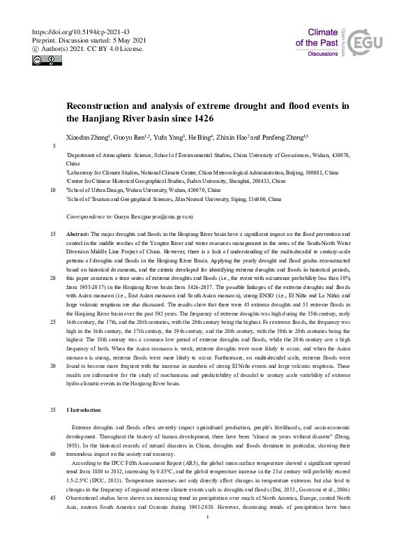 (PDF) Reconstruction and analysis of extreme drought and flood events ...