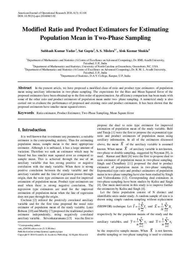 (PDF) Modified Ratio and Product Estimators for Estimating Population ...