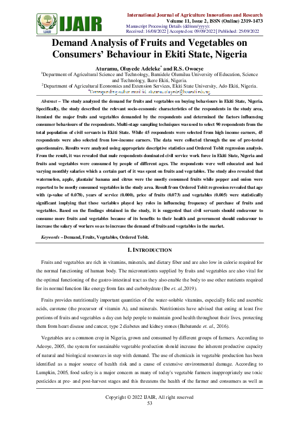 (PDF) Demand Analysis of Fruits and Vegetables on Consumers' Behaviour ...