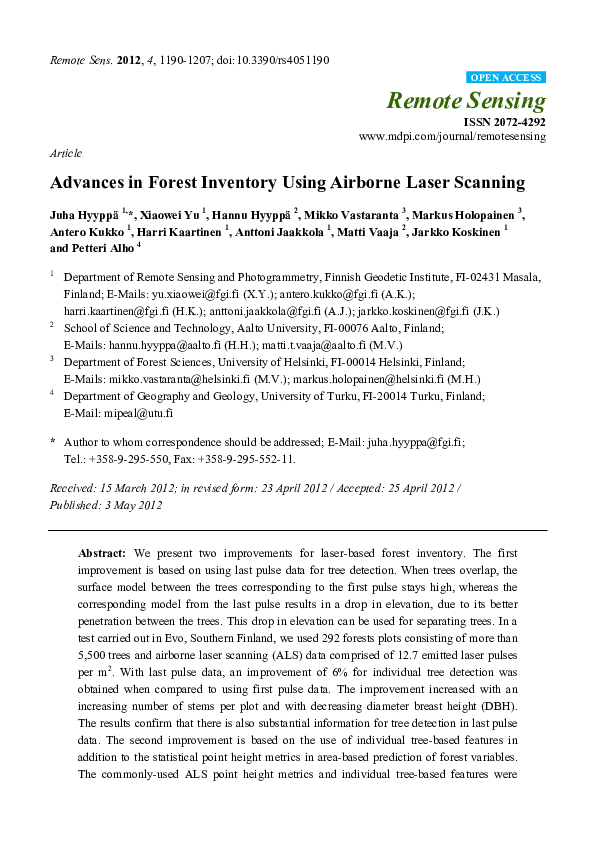 (PDF) Advances in Forest Inventory Using Airborne Laser Scanning