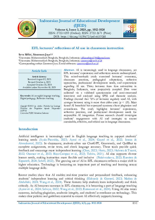 (PDF) EFL lecturers' reflections of AI use in classroom instruction