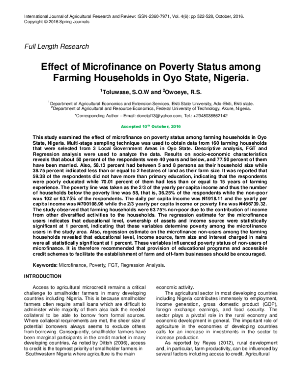 (PDF) Effect of Microfinance on Poverty Status among Farming Households ...