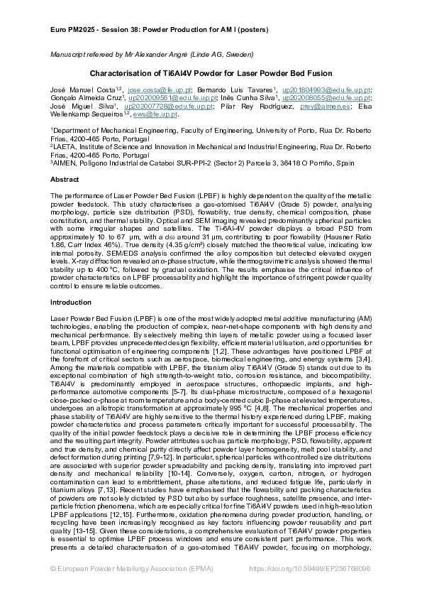 (PDF) Characterisation of Ti6Al4V Powder for Laser Powder Bed Fusion