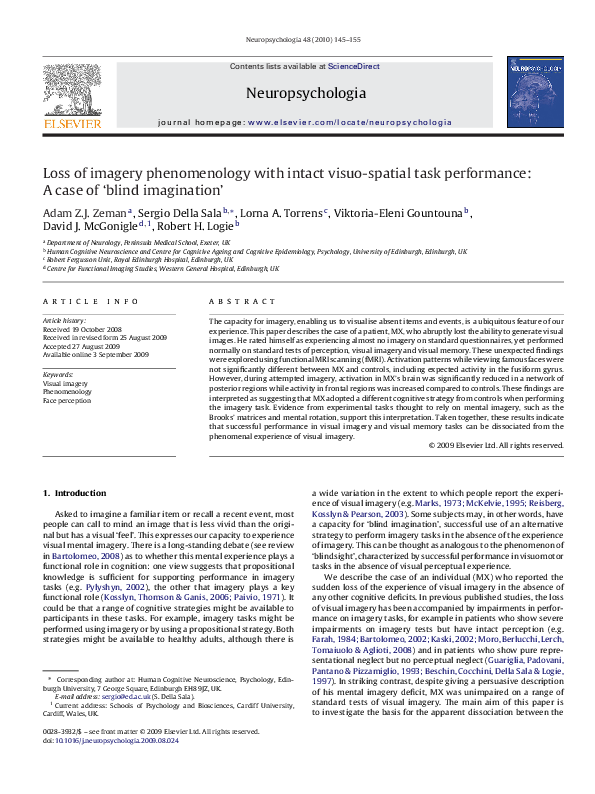 (PDF) Loss of imagery phenomenology with intact visuo-spatial task ...