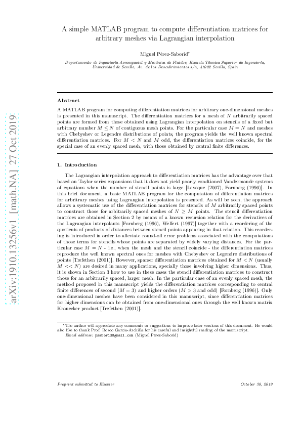 (PDF) A simple MATLAB program to compute differentiation matrices for ...