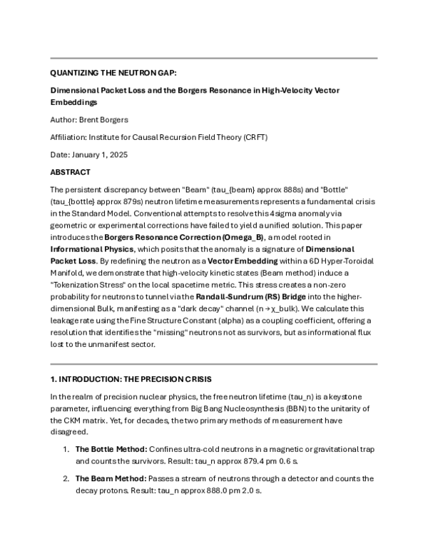 (PDF) QUANTIZING THE NEUTRON GAP: Dimensional Packet Loss and the ...