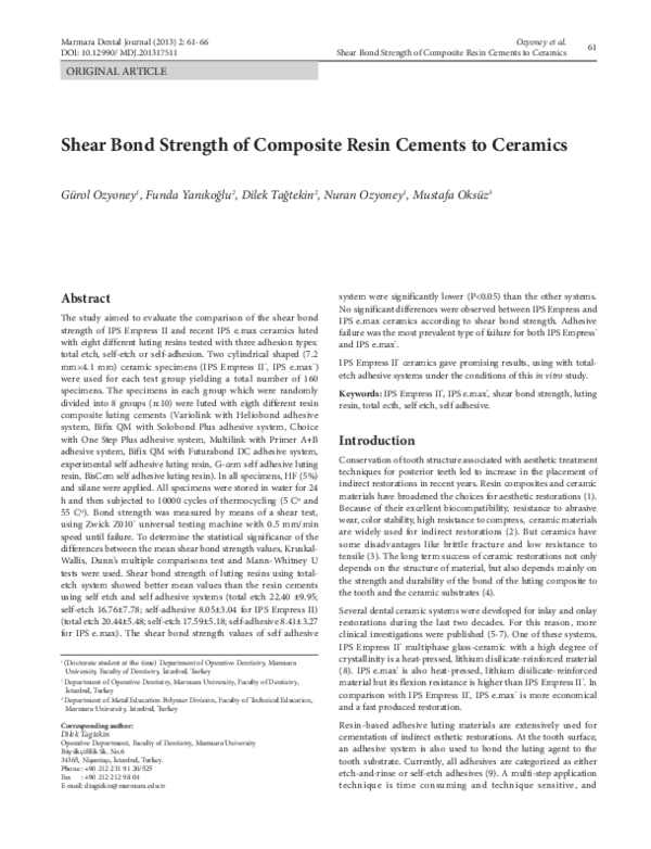 (PDF) Shear Bond Strength of Composite Resin Cements to Ceramics