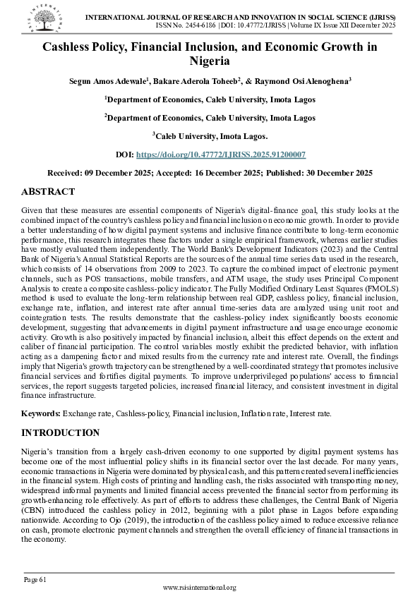(PDF) Cashless Policy, Financial Inclusion, and Economic Growth in Nigeria
