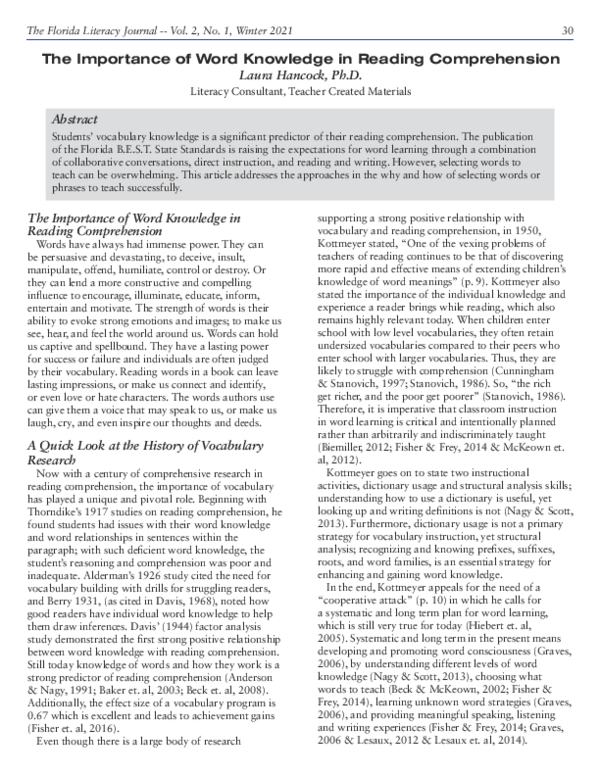 (PDF) The Importance of Word Knowledge in Reading Comprehension