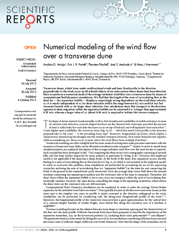 (PDF) Numerical modeling of the wind flow over a transverse dune