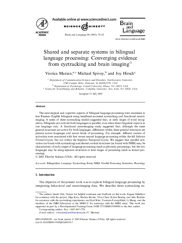 (PDF) Shared and separate systems in bilingual language processing ...