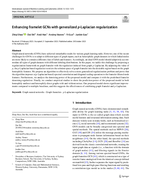 (PDF) Enhancing framelet GCNs with generalized p-Laplacian regularization