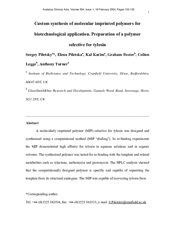 (PDF) Custom synthesis of molecular imprinted polymers for ...
