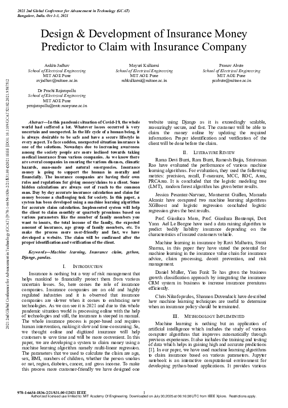 (PDF) Design & Development of Insurance Money Predictor to Claim with ...