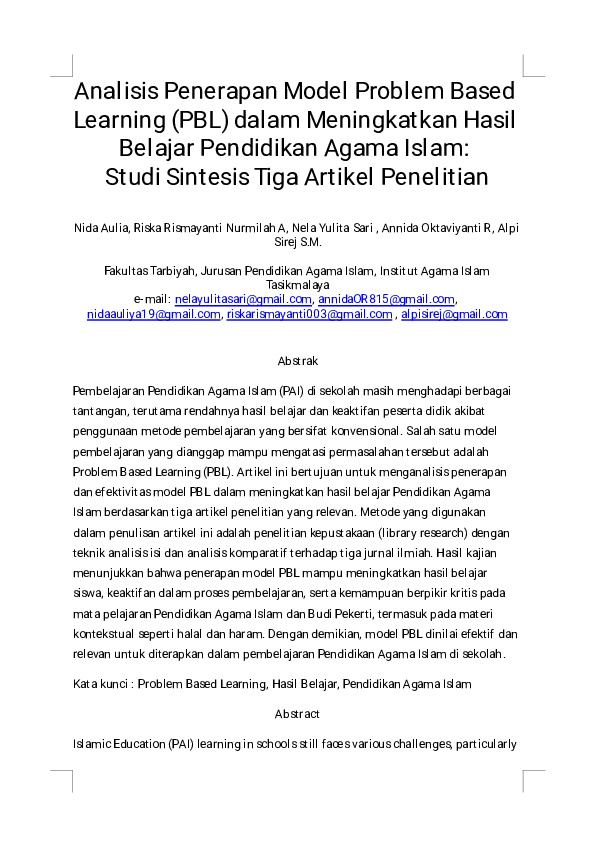 (PDF) Analisis Penerapan Model Problem Based Learning (PBL) dalam ...