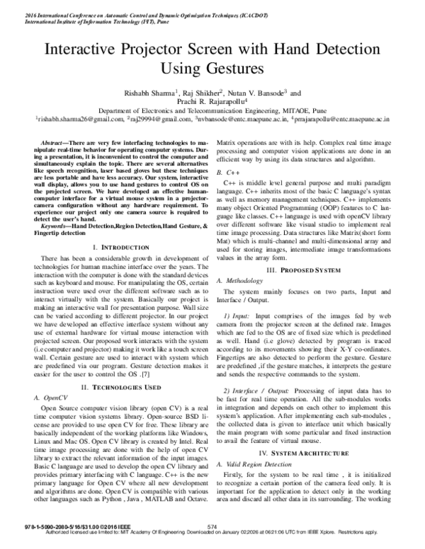 (PDF) Interactive projector screen with hand detection using gestures
