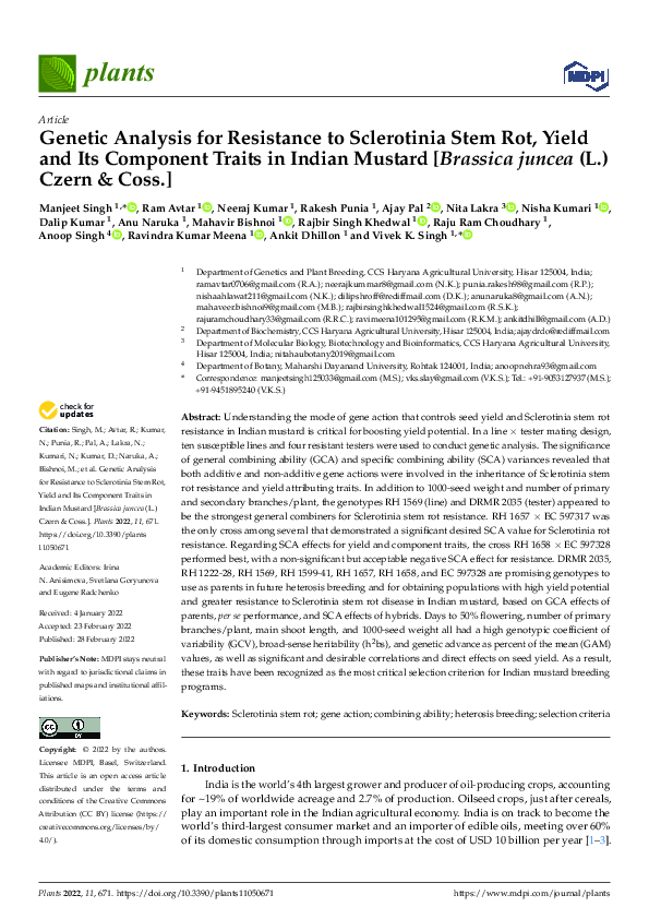 (PDF) Genetic Analysis for Resistance to Sclerotinia Stem Rot, Yield ...