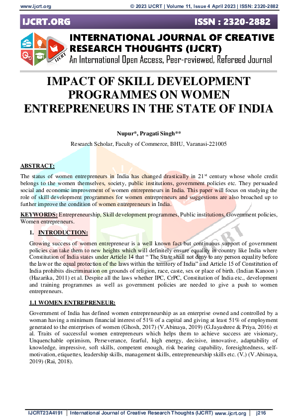 (PDF) IMPACT OF SKILL DEVELOPMENT PROGRAMMES ON WOMEN ENTREPRENEURS IN ...