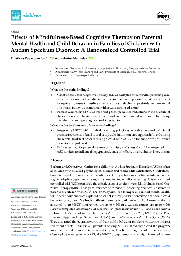 (PDF) Effects of Mindfulness-Based Cognitive Therapy on Parental Mental ...