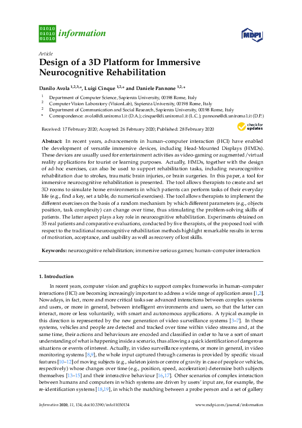 (PDF) Design of a 3D Platform for Immersive Neurocognitive Rehabilitation