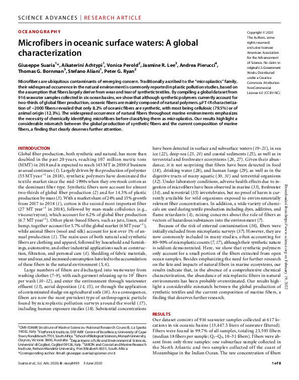 (PDF) Microfibers in oceanic surface waters: A global characterization