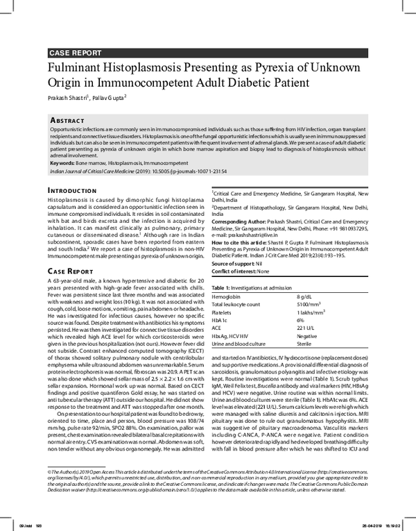 (PDF) Fulminant Histoplasmosis Presenting as Pyrexia of Unknown Origin ...