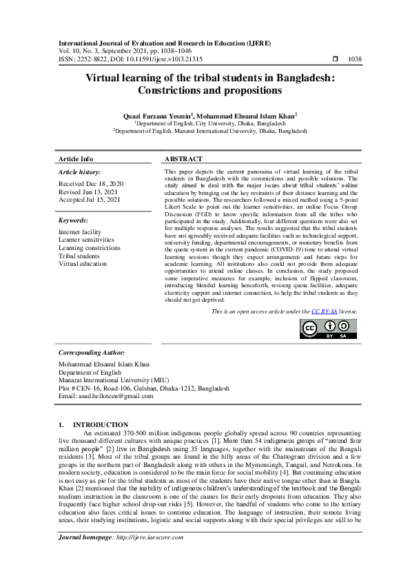 (PDF) Virtual Learning of the Tribal Students in Bangladesh ...