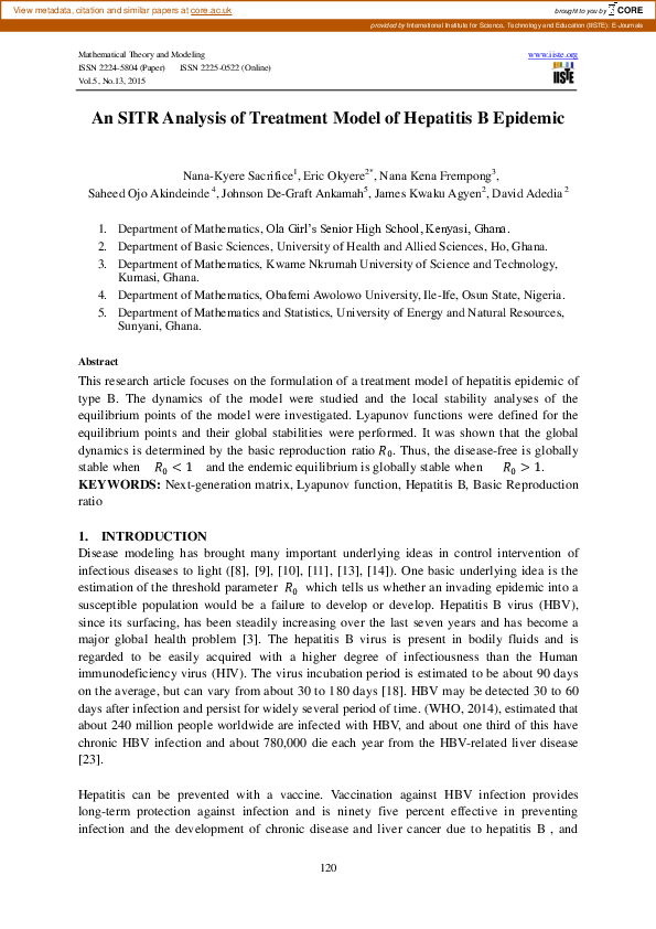 (PDF) An SITR Analysis of Treatment Model of Hepatitis B Epidemic