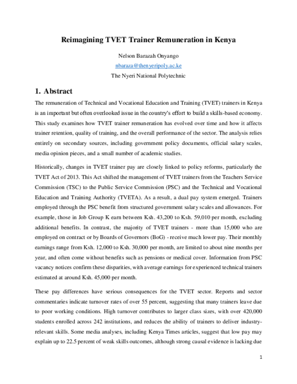 (PDF) Reimagining TVET Trainer Remuneration in Kenya