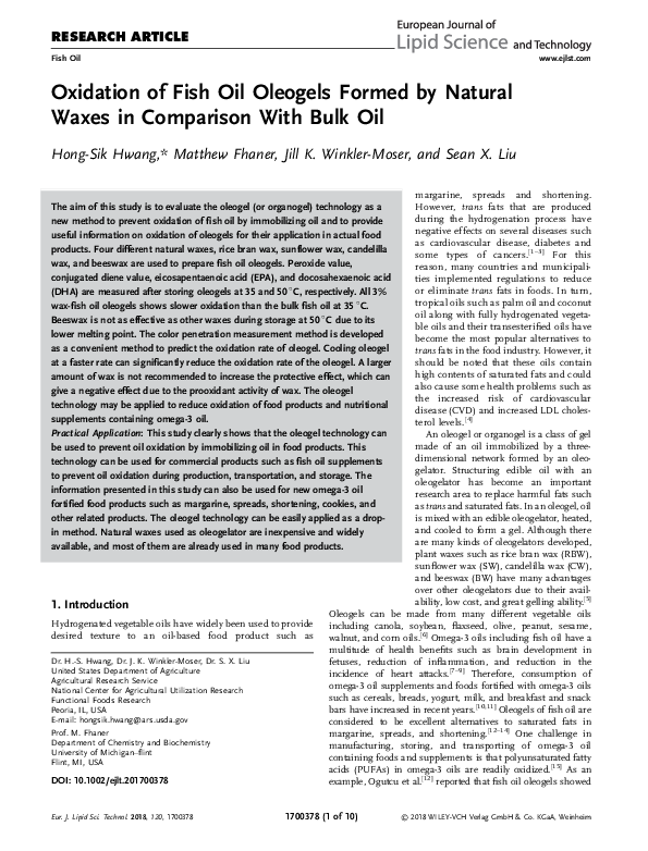 (PDF) Oxidation of Fish Oil Oleogels Formed by Natural Waxes in ...