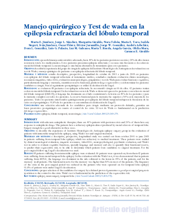 (PDF) Manejo Quirúrgico Y Test De Wada En La Epilepsia Refractaria Del ...