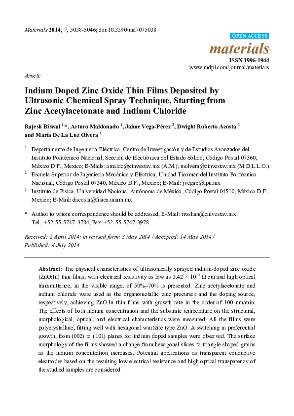 (PDF) Indium Doped Zinc Oxide Thin Films Deposited by Ultrasonic ...