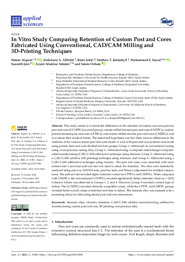 (PDF) In Vitro Study Comparing Retention of Custom Post and Cores ...
