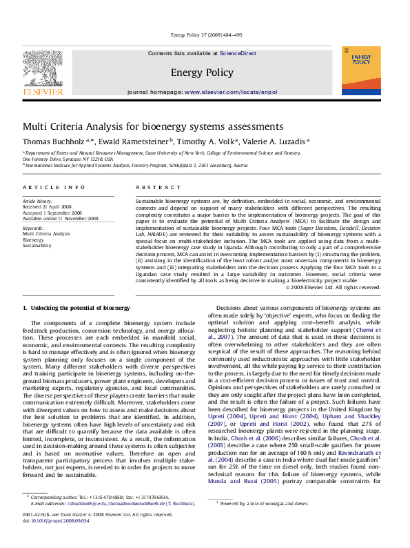 (PDF) Multi Criteria Analysis for bioenergy systems assessments