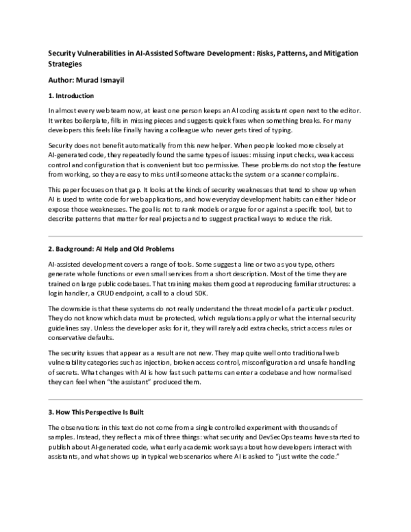 (PDF) Security Vulnerabilities in AI-Assisted Software Development ...