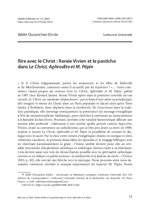 (PDF) Rire avec le Christ : Renée Vivien et le pastiche dans Le Christ ...