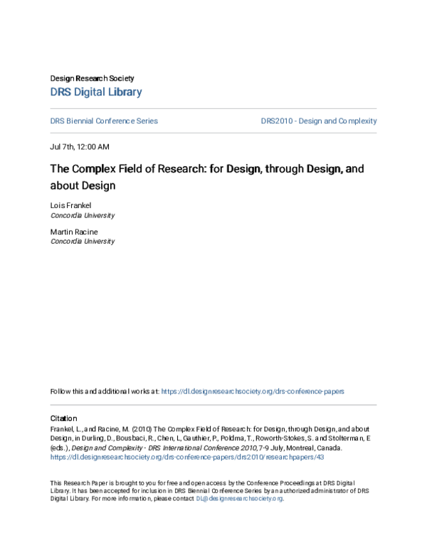 (PDF) The Complex Field of Research: for Design, through Design, and ...